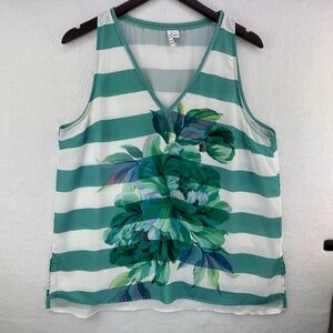 ELLE Tank Top Sz L Green White Stripes Front Floral Print Ladder Stitch neckline